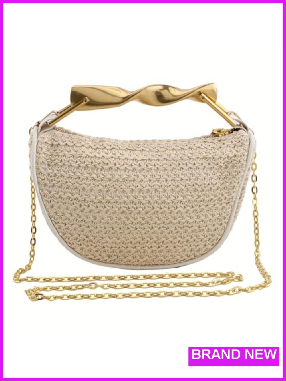 Woven Straw Clutch Purse with Gold Metal Handle Crossbody Bag